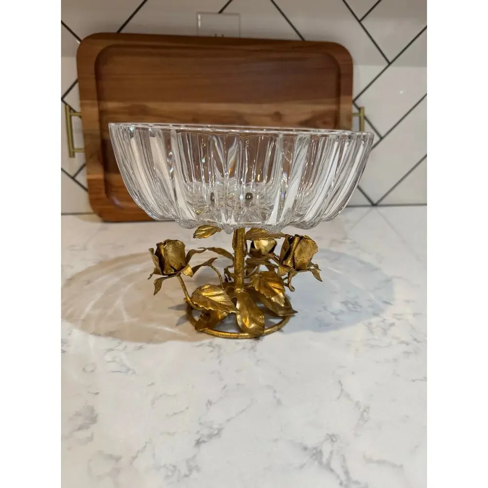 Hollywood Regency compote bowl crystal top gold-gilt cast brass pedestal base